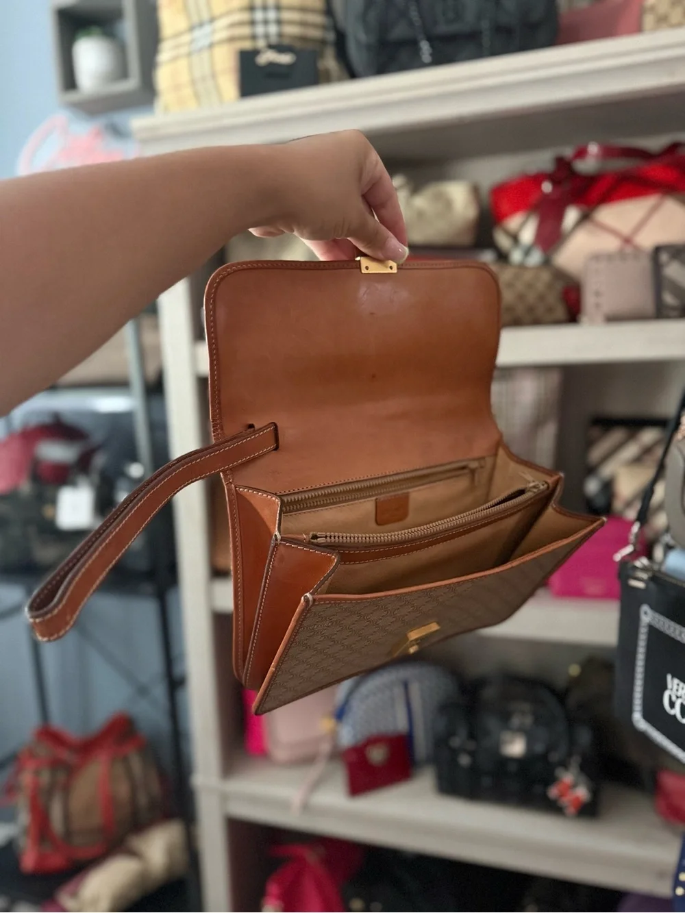 Celine Brown Monogram Canvas Clutch Bag with Gold Lock